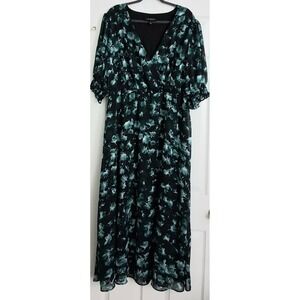 Lane Bryant Maxi Dress Women's Size 18 Black Teal Green Floral Print Faux Wrap